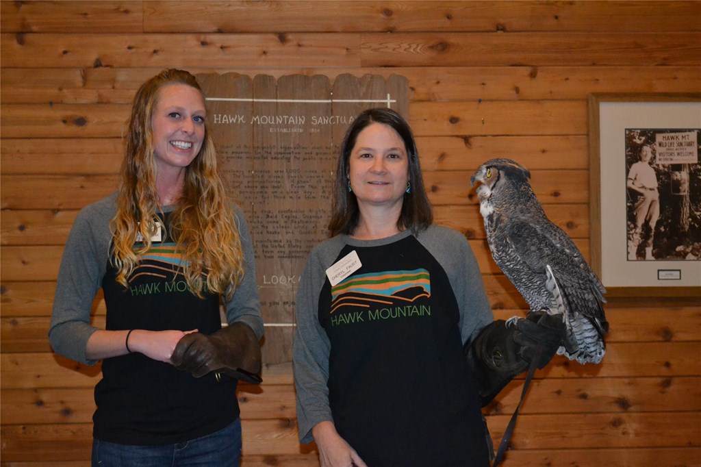 Volunteers Kelsey and Cheryl with the Education Great-horned Owl