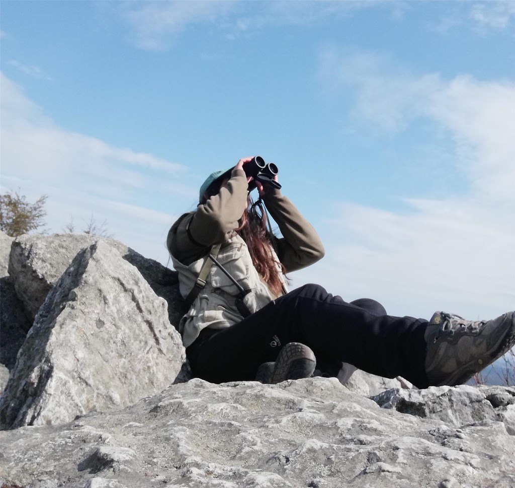 Trainee Pamela Using Binoculars at the Lookout