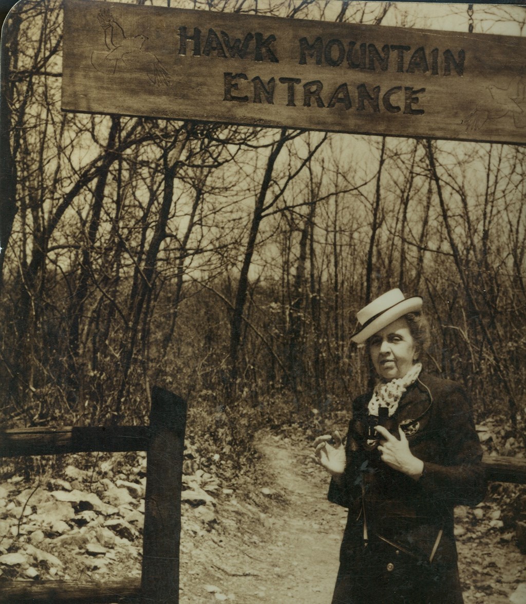 Rosalie Edge Standing Under Hawk Mountain Entrance