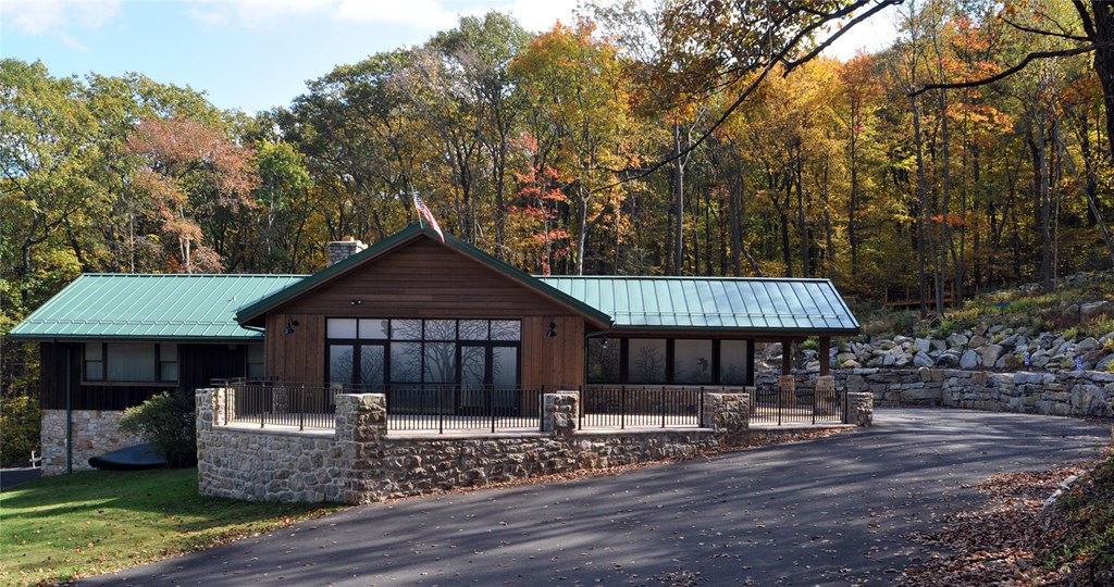 Hawk Mountain's Education Building from the parking lot in autumn