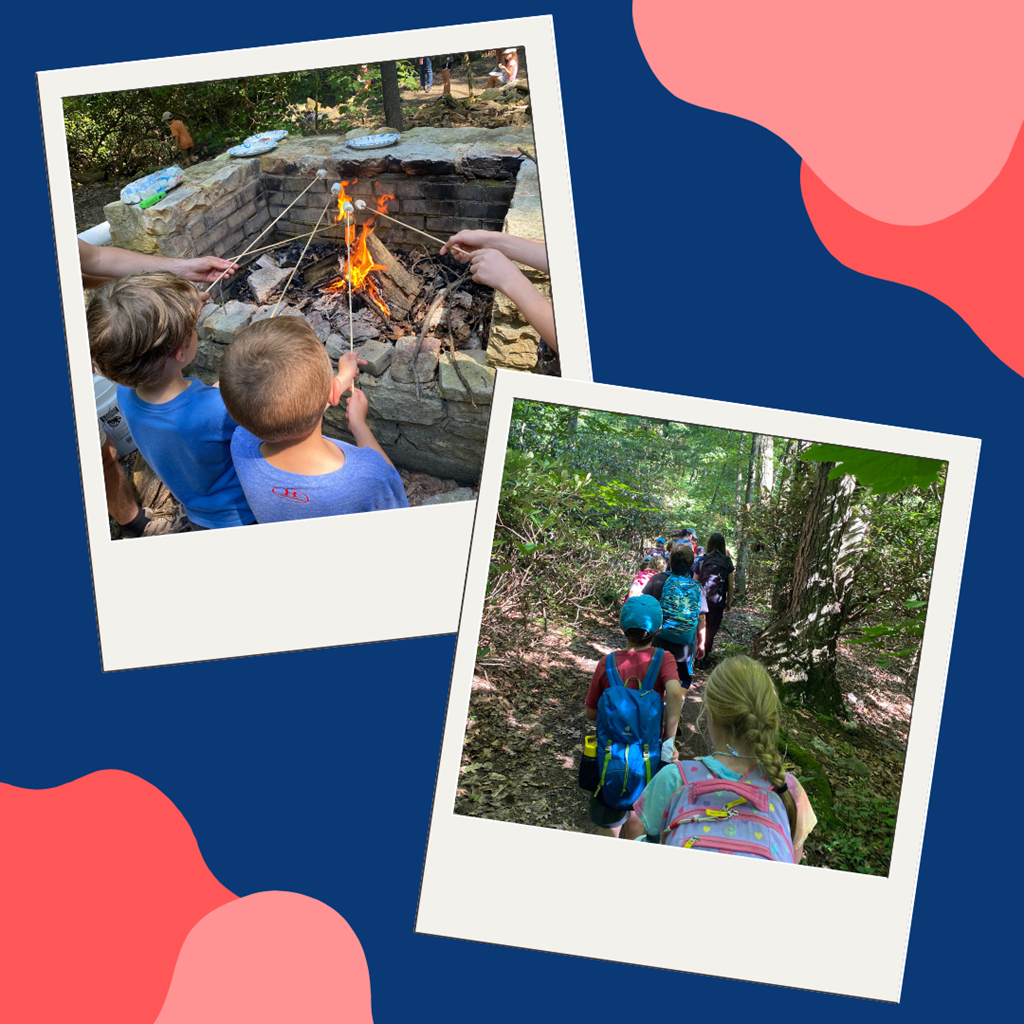 Children roasting marshmallows over a fire pit, a line of children hiking through a forest