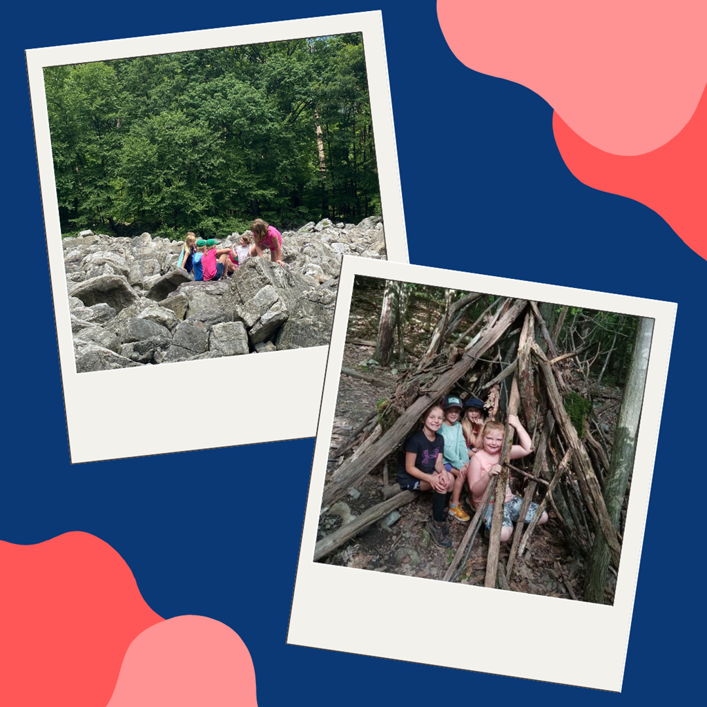 Children gathered on the River of Rocks boulder field, and children sitting in a wooden tent structure