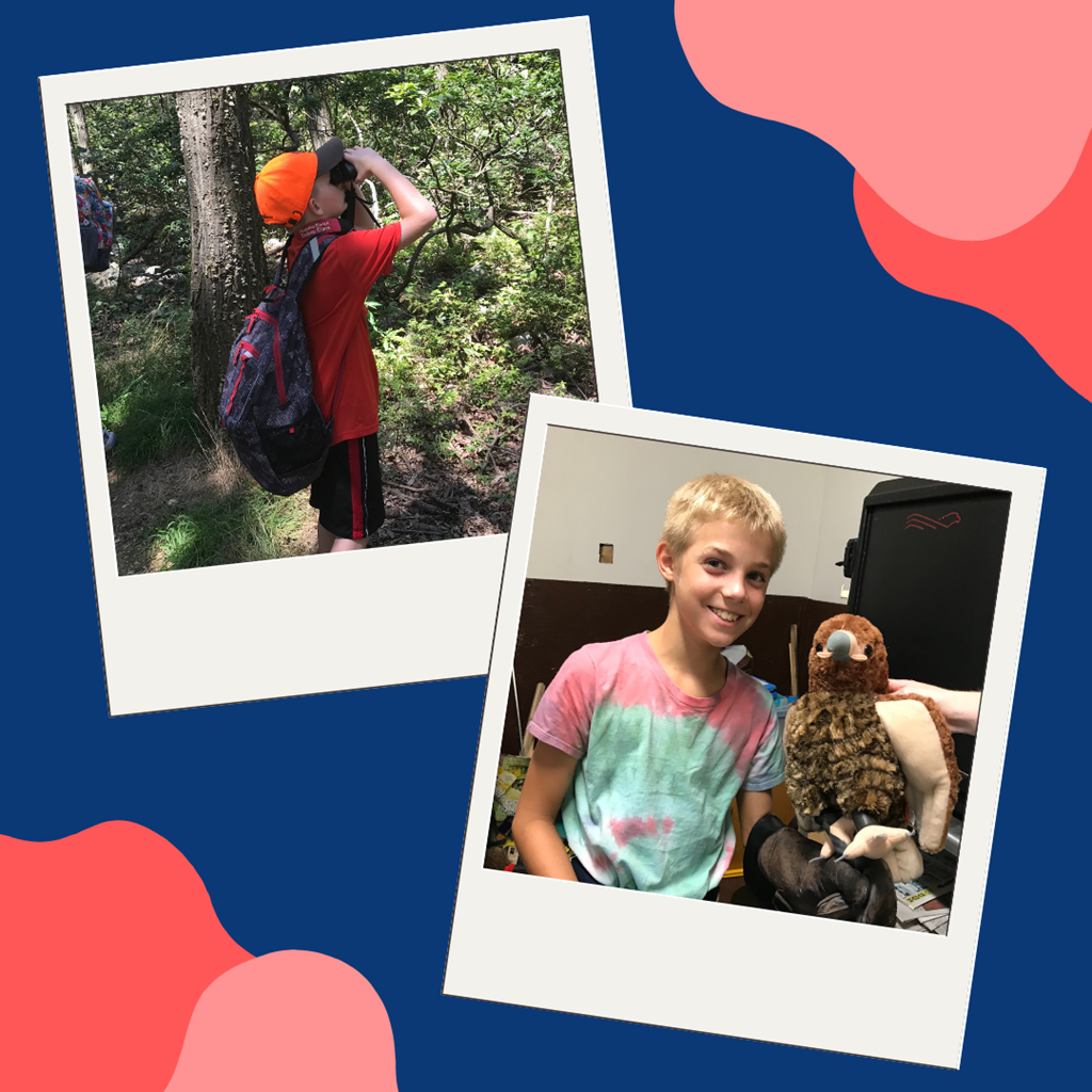 Child using binoculars in forest and a child practicing raptor handling with a stuffed animal