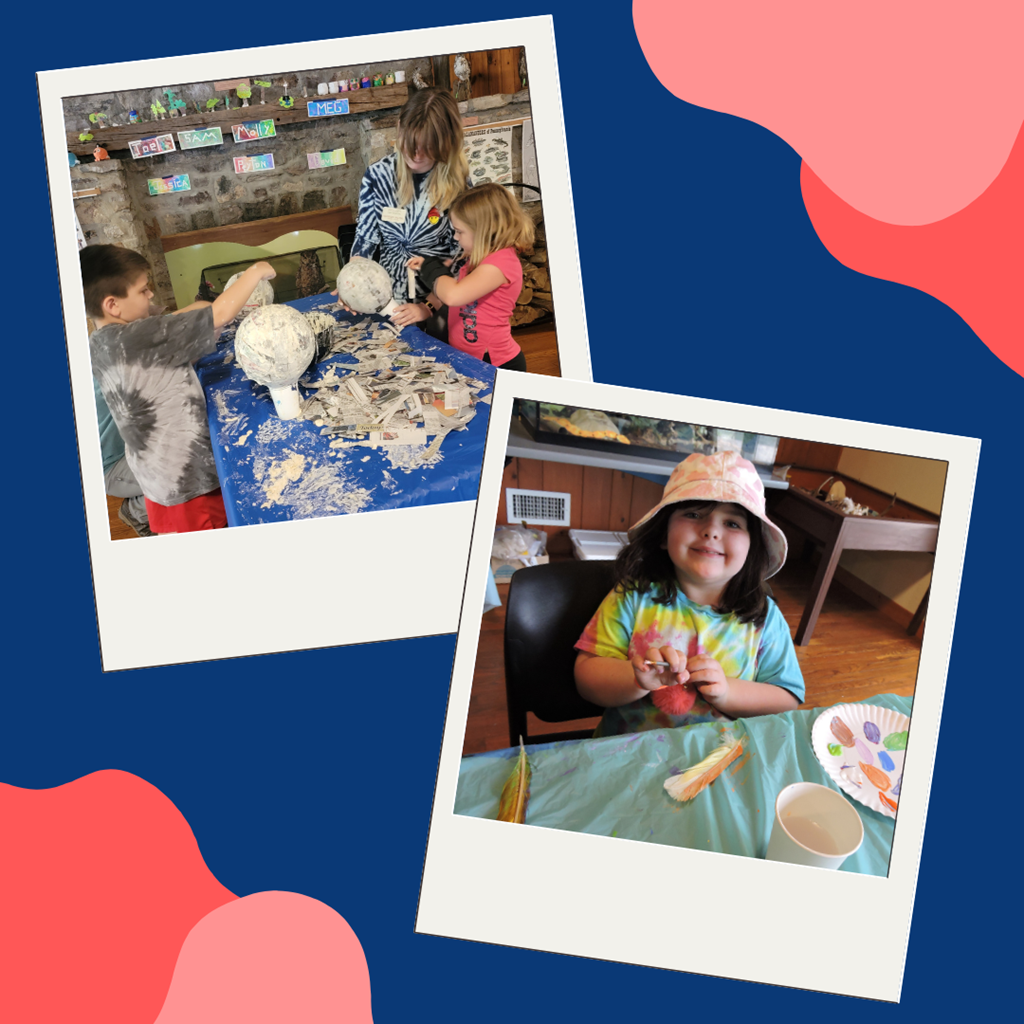 Children participating in several crafts including paper mache and feather painting